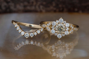 Flower engagement ring set-Art deco wedding set-Twig and Leaf Engagement Ring-Flower jewelry-Flower engagement ring-Rough diamond ring