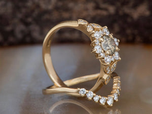 Flower engagement ring set-Art deco wedding set-Twig and Leaf Engagement Ring-Flower jewelry-Flower engagement ring-Rough diamond ring
