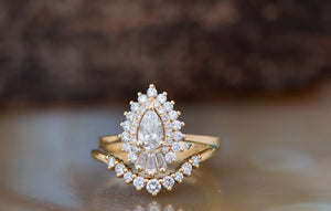 1 carat diamond sunburst engagement ring with wedding band-art deco ring,Baguette band,Baguette ring,Baguette wedding set,Bridal wedding ring,Bridal Wedding Set,Curved Gold Band,Diamond engagement,double halo ring,engagement ring,halo engagement set,pear cut diamond,Pear cut wedding set