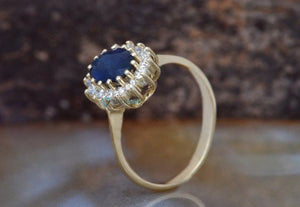 Sapphire halo engagement ring-Sapphire engagement ring vintage-Art deco engagement ring sapphire 18k yellow gold-Vintage engagement ring